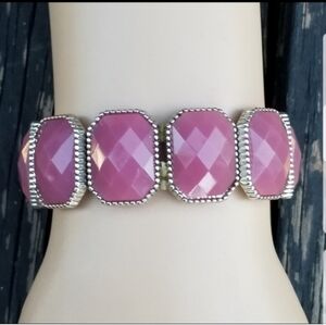 VINTAGE PINK CABACHON & SILVERTONED STRETCH BRACELET